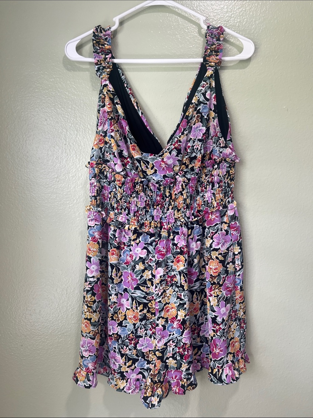 Floral Smocked Romper in Black and Purple